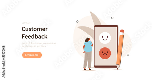 Character giving  feedback and choosing emoji to show satisfaction rating. Customer service and user experience concept. Flat cartoon vector illustration.