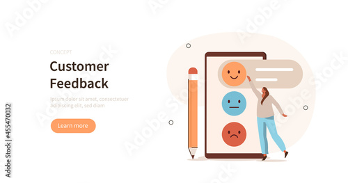 Character giving feedback. Woman writing comment and choosing emoji to show satisfaction rating. Customer service and user experience concept. Flat cartoon vector illustration.