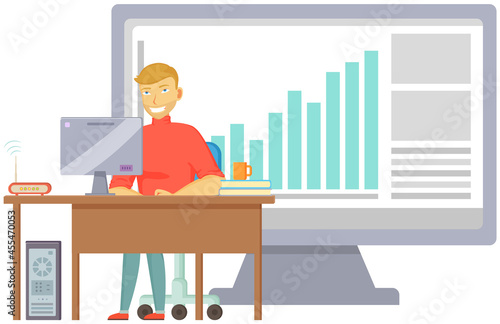 Working male character employee in office sitting at table with computer typing on keyboard communicating. Man freelancer sitting at home with laptop. Young clerk at desk with tablet pc doing his work