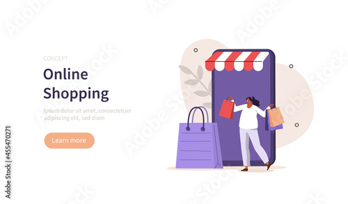 
Character buying goods online on mobile internet marketplaces. Woman shopping online in mobile app. Ecommerce and retail concept. Flat cartoon vector illustration.
