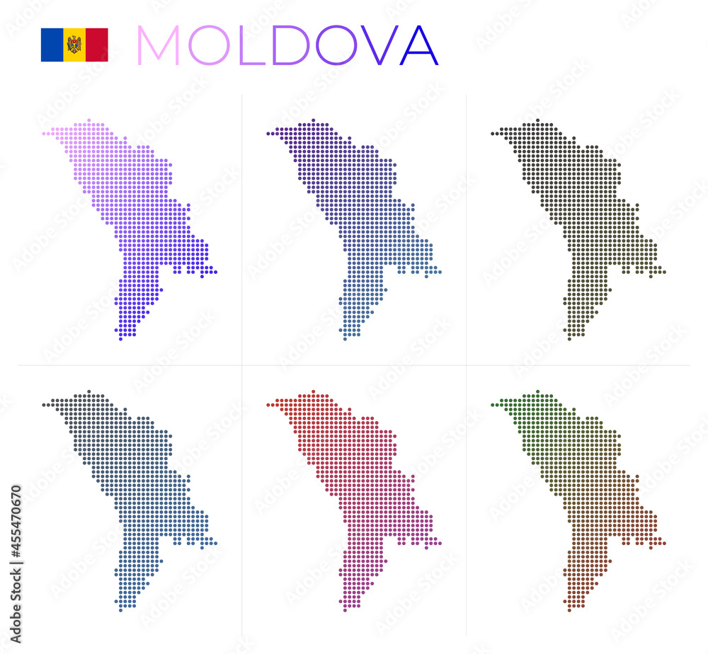 Moldova dotted map set. Map of Moldova in dotted style. Borders of the country filled with beautiful smooth gradient circles. Trendy vector illustration.