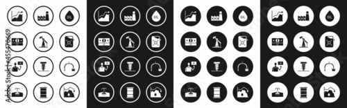 Set Oil drop, pump or pump jack, Stacks paper money cash, price increase, Canister for motor oil, industrial factory building, Industry pipe and valve and Nature saving protest icon. Vector