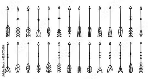 Arrows for bow set. For postcards, invitations and tattoos. Aztec, ethnic, Indian, hipster, tribal and boho elements. Isolated vector illustration doodle hand drawn style.