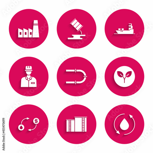 Set Industry pipe, Oil industrial factory building, drop, Bio fuel, exchange, Oilman, tanker ship and icon. Vector