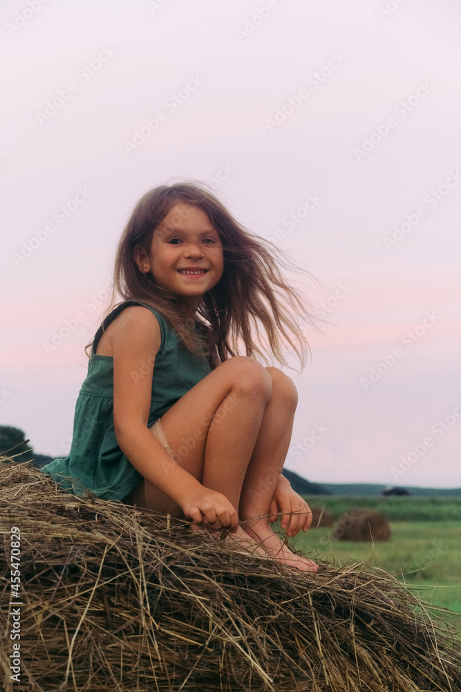 little beautiful girl is sitting on a haystack. High quality photo little beautiful girl is sitting on a haystack. High quality photo