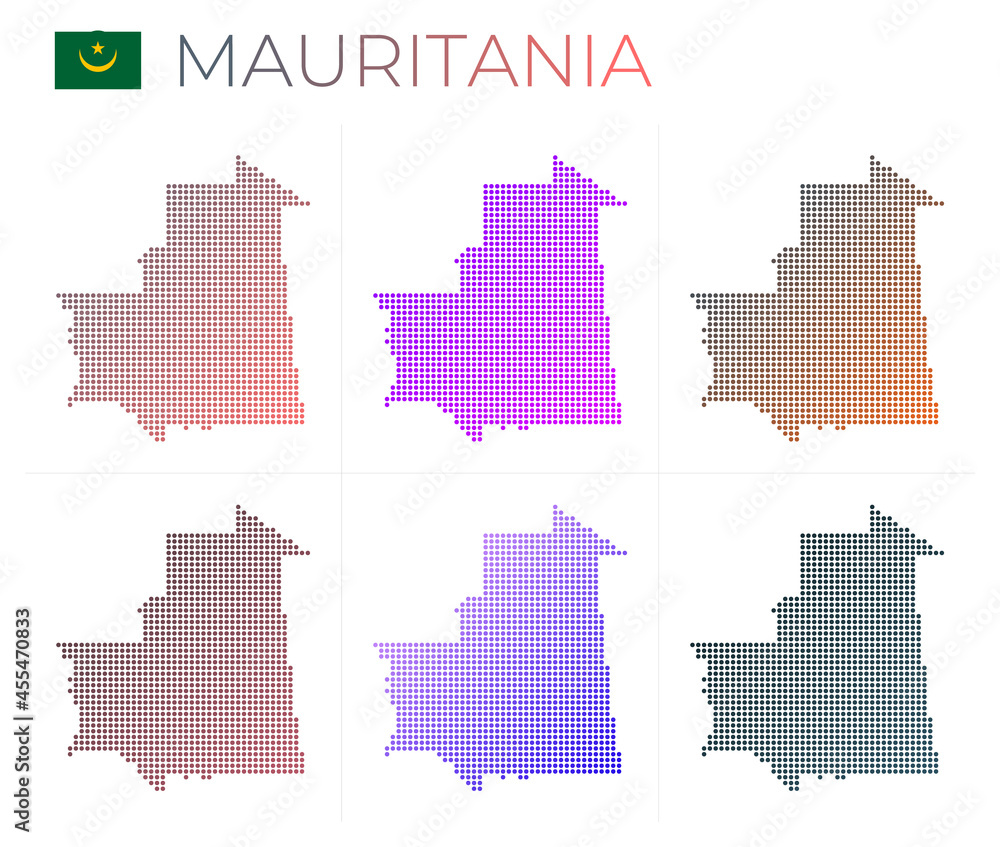 Naklejka Zestaw map kropkowanych Mauretania. Mapa Mauretanii w kropkowanym stylu. Granice kraju wypełnione pięknymi gładkimi kołami gradientowymi. Potężny ilustracji wektorowych.