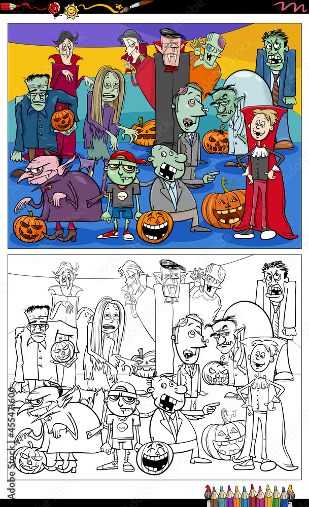 cartoon scary Halloween characters group coloring book page