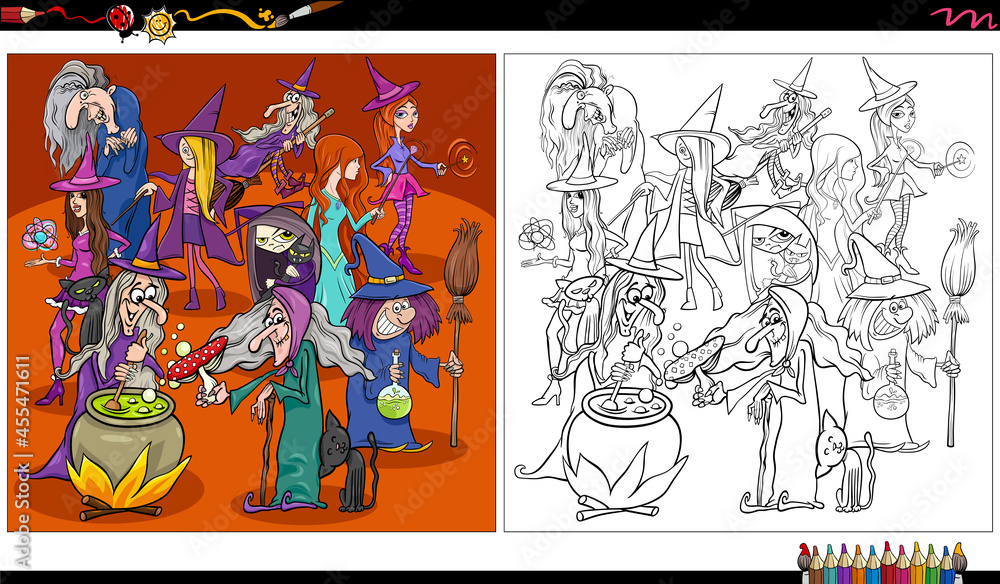 cartoon witches fantasy characters coloring book page