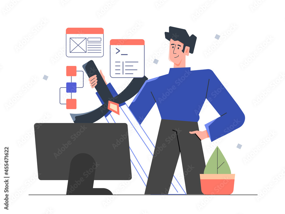 Male programmer, tester with a giant sword in front of a computer monitor. Development of a program, site, search for vulnerabilities. Specialized engineer in technology. Vector flat illustration. Male programmer, tester with a giant sword in front of a computer monitor. Development of a program, site, search for vulnerabilities. Specialized engineer in technology. Vector flat illustration.