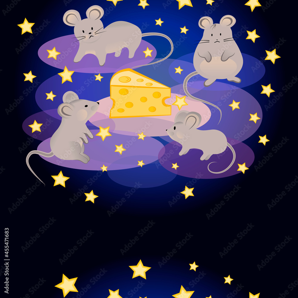 Naklejka premium Mice on a starry night. Cheese. Pattern