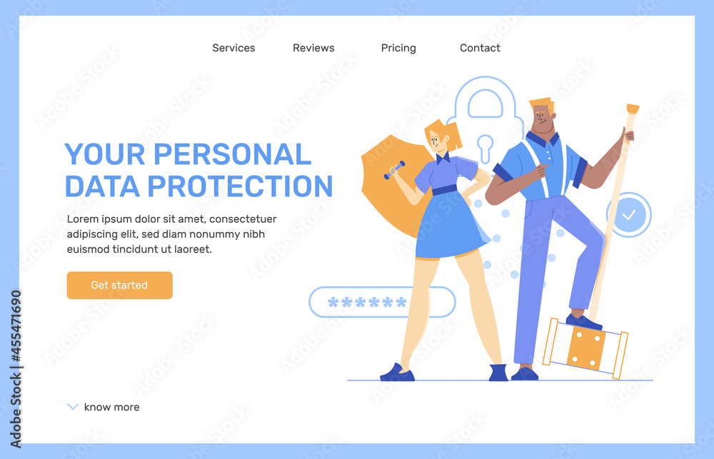 Data protection on the Internet. Colleagues man and woman with shield and hammer. Specialized engineers in technology. Landing page. Vector flat illustration.