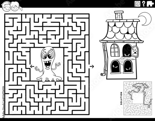 maze with ghost and haunted house coloring book page