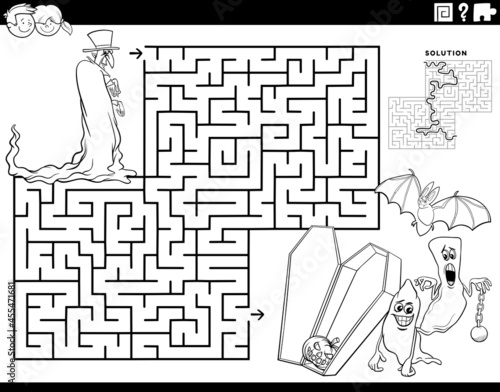 maze game with Halloween vampire coloring book page