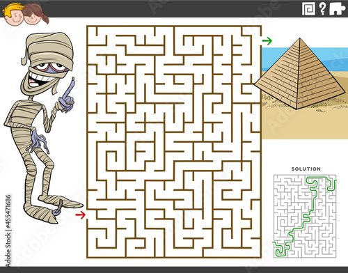 maze educational game with cartoon mummy and pyramid