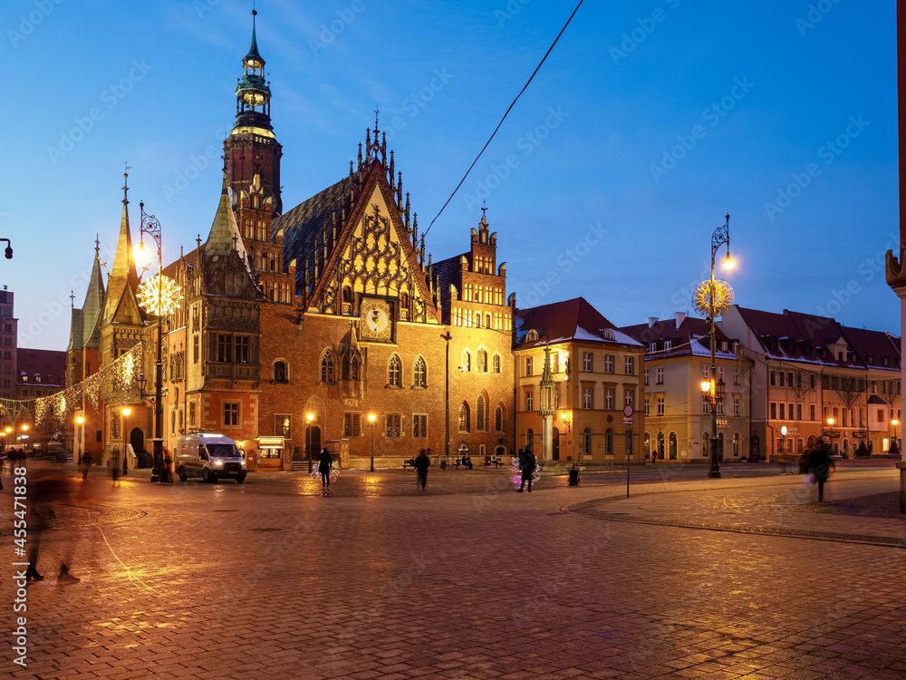 Wroclaw market square night view, old city hall and cobblestone street