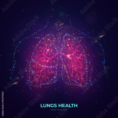 Glowing human lungs vector illustration made of neon particles.