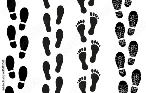 Footprints Shoe set. Collection of silhouette of human feet. Pattern with shoe print. Design element for printing on paper and on fabric. Cartoon flat vector illustrations isolated on white background