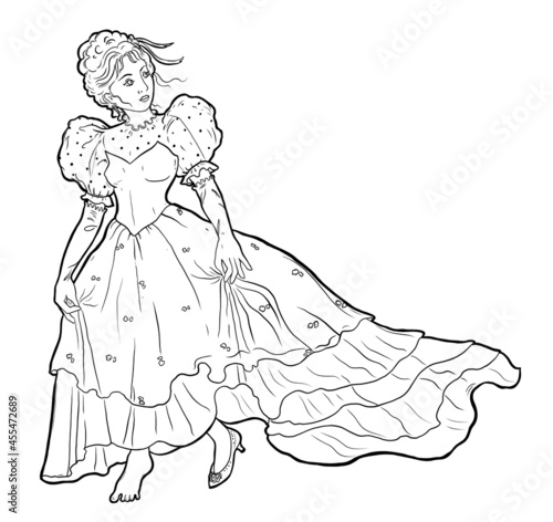 Cinderella. Beautiful princess in ball gown and tiara loosing shoe. Black and white vector illustration
