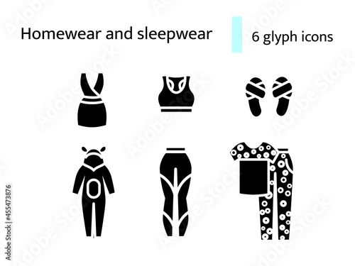 Homewear and sleepwear glyph icons set. Comfortable clothes. Slippers, jumpsuit. Isolated vector stock illustration