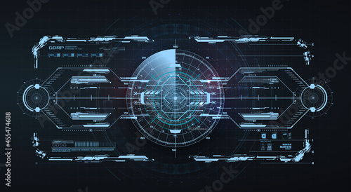 Sci fi HUD. Concept vr dashboard display. Futuristic ui for game target borders, sci-fi empty banner, menu technology interface. Virtual reality technology view display helmet, crosshair, aim. Vector