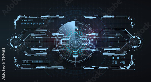Sci fi HUD. Concept vr dashboard display. Futuristic ui for game target borders, sci-fi empty banner, menu technology interface. Virtual reality technology view display helmet, crosshair, aim. Vector