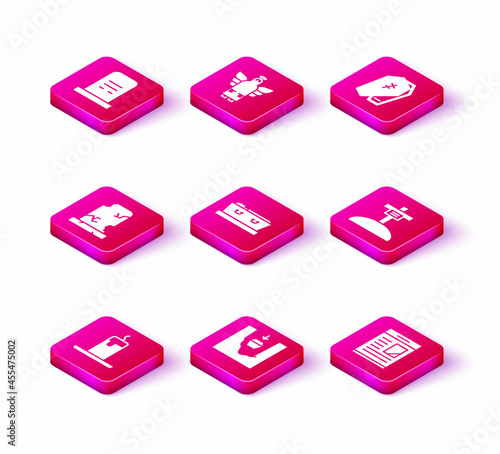 Set Burning candle, Coffin grave, Old with tombstone, dead, Obituaries, Grave cross, and Christmas angel icon. Vector