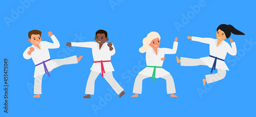 multiracial karate kids in kimono martial arts children vector illustration