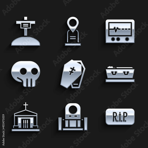 Set Coffin with cross, Grave tombstone, Speech bubble rip death, dead, Old crypt, Skull, Beat monitor and icon. Vector