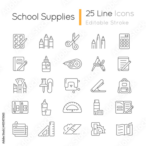 School supplies linear icons set. Must-have items for back to school. Instruments for office, art class. Customizable thin line contour symbols. Isolated vector outline illustrations. Editable stroke