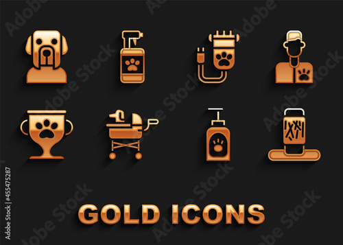 Set Pet stroller, Veterinarian doctor, Cat scratching post, shampoo, award, Hair clipper pet, Dog and icon. Vector