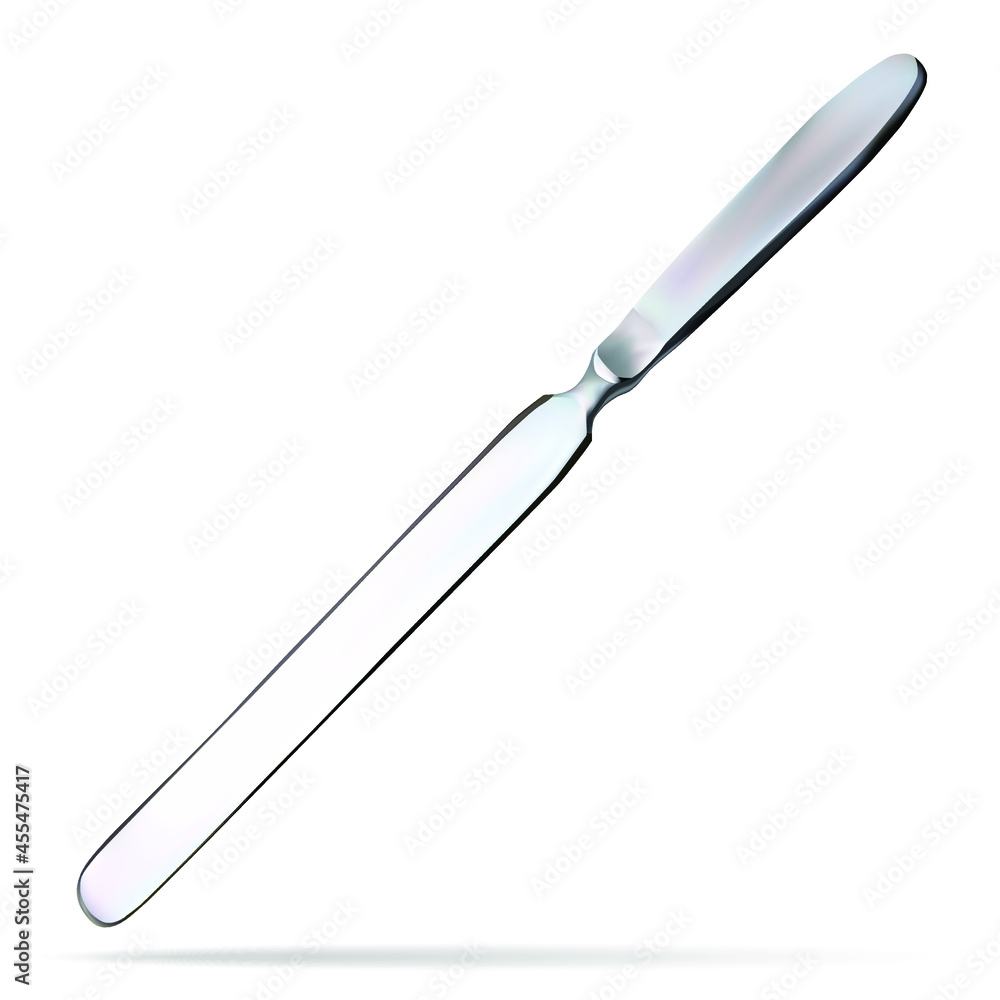 Brain knife. Double-edged knife with a long a flat, rounded blade at the end. Surgical instrument. Vector illustration Brain knife. Double-edged knife with a long a flat, rounded blade at the end. Surgical instrument. Vector illustration