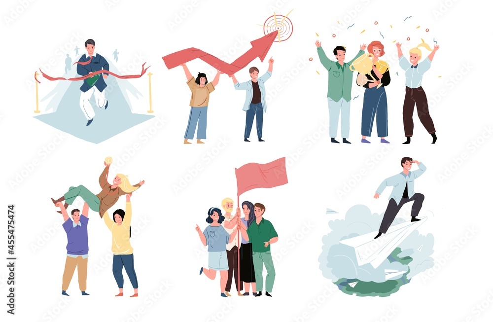 Set of vector cartoon characters in graphic metaphors for good teamwork and success achieving.Successful entrepreneurs celebrating victory-completion of work,goal achievment concept,web site design