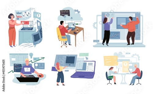 Set of vector cartoon characters in development workflow scenes.Various IT professionals work and create using computers multiple windows software-business system developing concept,web banner design