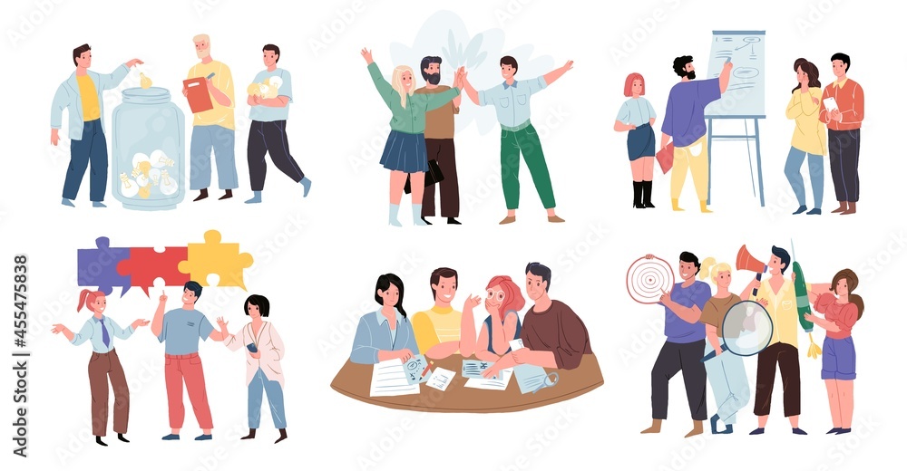 Set of vector cartoon happy characters in graphic metaphors for good teamwork and friendly environment.Group discussion,search for ideas and problem solutions-team work concept,web site banner design
