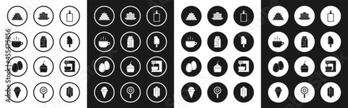 Set Cutting board, Paper package for milk, Coffee cup, Cake with burning candles, Ice cream, Stack pancakes, Electric mixer and Easter eggs icon. Vector