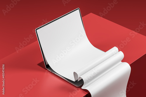 Laptop with blank long scrolling screen on a red background. Mock up. 3d rendering