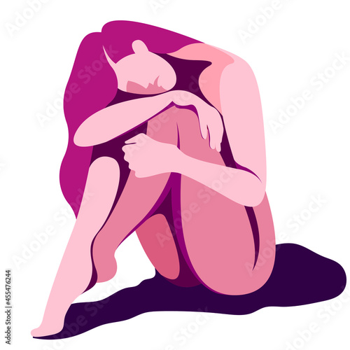 vector illustration of a very sad girl sits huddled in a pinched position, resting her head on her knees.perhaps she is a victim of domestic violence or abuse, physical and mental harassment, pressure