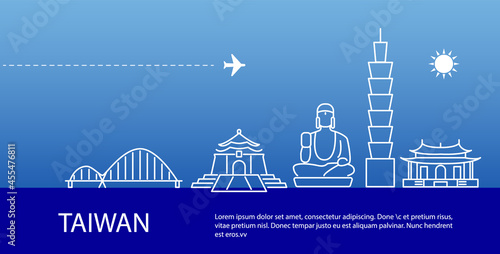 Taiwan cityscape blue silhouette banner. Country visit promotion. Travel postcard. Vector stock illustration