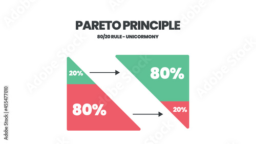Pareto Principle is an 80 20 rule analysis diagram. The illustration is a pie chart has eighty percent and another twenty parts for making decisions in time, effort and result or less is more concept.