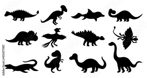 Dinosaurs silhouettes. Black doodle shapes of prehistoric Jurassic reptiles, cute ancient predators and herbivores vector isolated set