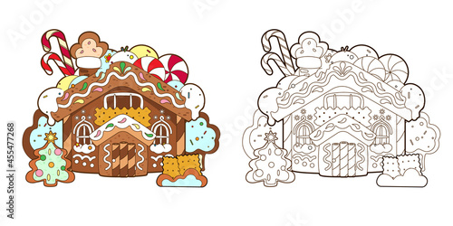 Coloring page with gingerbread house, Christmas candies and new year gingerbread tree, vector ,illustration in cartoon style, black and white line art for kids