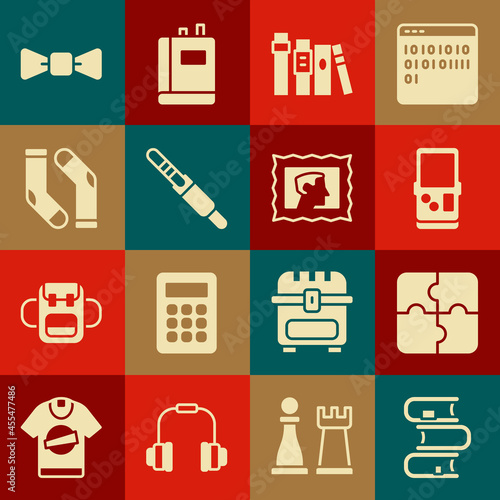 Set Book, Piece of puzzle, Tetris, Audio jack, Socks, Bow tie and Postal stamp icon. Vector