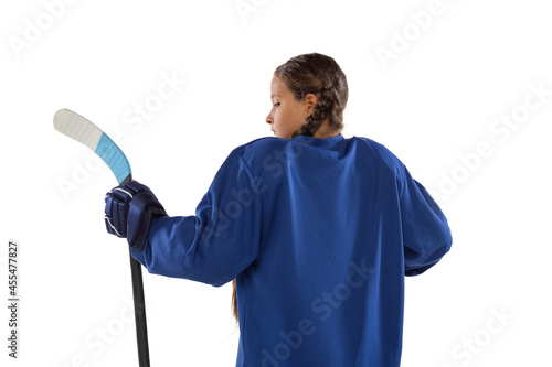 Photography Back view cropped portrait of young female tennis player isolated over white bac