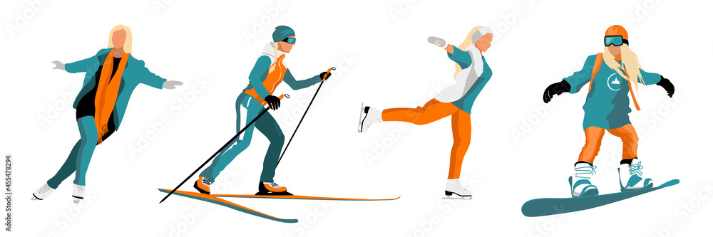 Four women are practicing sport exercises like ice skating, skiing and snowboarding. Concept of healthcare. Isolated image on white background. Vector graphic illustration