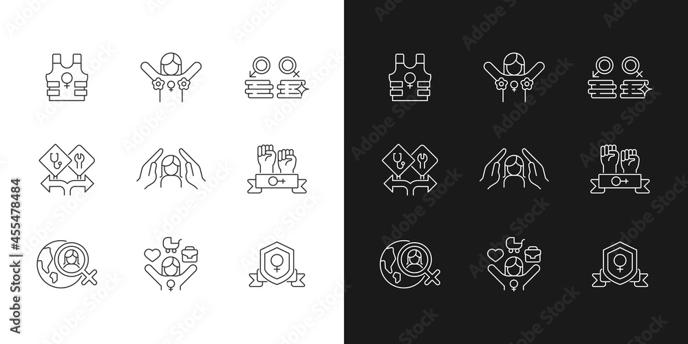 Feminist activity linear icons set for dark and light mode. Female freedom fighter. Radical feminism. Customizable thin line symbols. Isolated vector outline illustrations. Editable stroke Feminist activity linear icons set for dark and light mode. Female freedom fighter. Radical feminism. Customizable thin line symbols. Isolated vector outline illustrations. Editable stroke