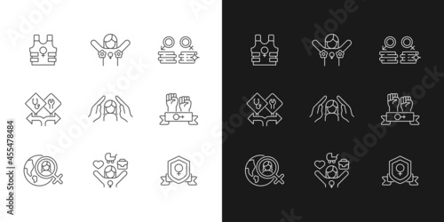 Feminist activity linear icons set for dark and light mode. Female freedom fighter. Radical feminism. Customizable thin line symbols. Isolated vector outline illustrations. Editable stroke