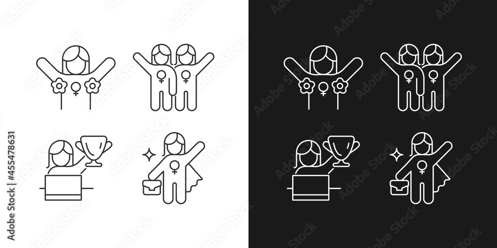 Women rights movement linear icons set for dark and light mode. Radical feminism. Female friendship. Customizable thin line symbols. Isolated vector outline illustrations. Editable stroke