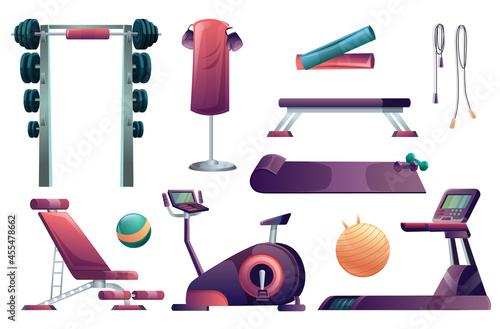 Set of icons of exercise equipment with dumbbell, bicycle, kettlebell, running track, ball. Isolated in white background. Vector graphic illustration