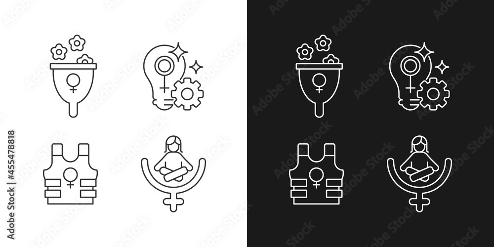 Modern feminism linear icons set for dark and light mode. Support women wellbeing. Fulfill female potential. Customizable thin line symbols. Isolated vector outline illustrations. Editable stroke Modern feminism linear icons set for dark and light mode. Support women wellbeing. Fulfill female potential. Customizable thin line symbols. Isolated vector outline illustrations. Editable stroke