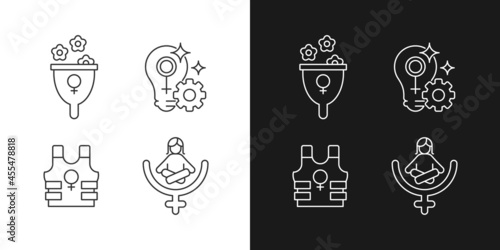Modern feminism linear icons set for dark and light mode. Support women wellbeing. Fulfill female potential. Customizable thin line symbols. Isolated vector outline illustrations. Editable stroke